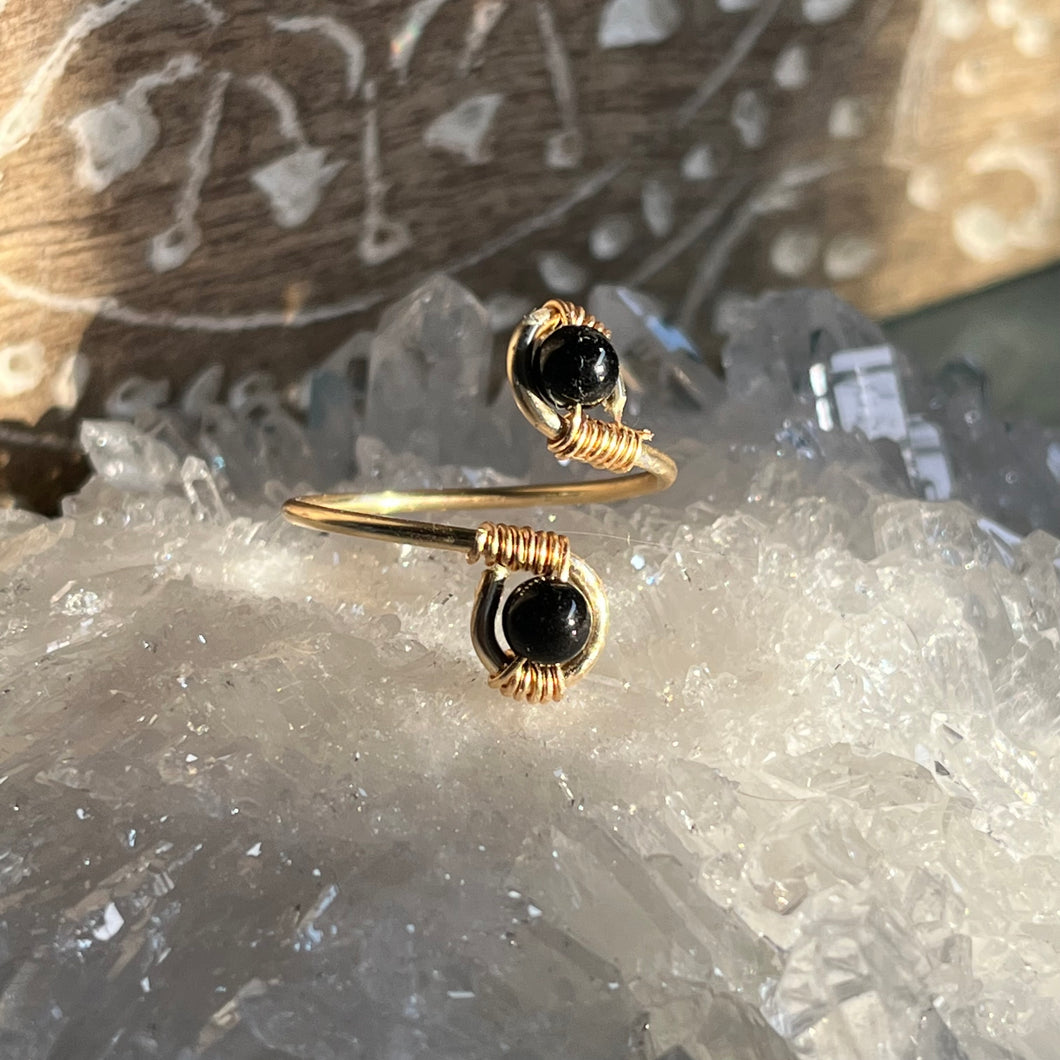 Gold black Tourmaline Adjustable Ring